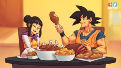 1boy 1girl black_eyes black_hair breasts chi-chi_(dragon_ball) dragon_ball eating highres long_hair muscular muscular_male nortuet open_mouth short_hair simple_background small_breasts smile son_goku