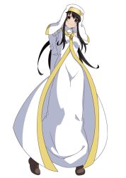Rule 34 | 1girl, alternate costume, anime coloring, araragi tsukihi, arms behind back, black hair, blush, breasts, brooch, brown footwear, commentary request, cosplay, dot nose, dress, egg hair ornament, food-themed hair ornament, full body, gold trim, grey eyes, guchiknight, habit, hair ornament, highres, iguchi yuka, impossible clothes, impossible dress, index (toaru majutsu no index), index (toaru majutsu no index) (cosplay), jewelry, light blush, long hair, looking at viewer, medium breasts, monogatari (series), official style, safety pin, sidelocks, solo, toaru majutsu no index, turtleneck, turtleneck dress, voice actor connection, wavy mouth, white dress