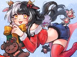 Rule 34 | 5girls, animal ears, black hair, black nails, blue shorts, chibi, crop top, deer ears, dog ears, dog girl, dog tail, fuwawa abyssgard, gift, grey hair, highres, holding, holding gift, holoadvent, hololive, hololive english, koseki bijou, looking at viewer, mococo abyssgard, multicolored hair, multiple girls, nerissa ravencroft, red shirt, red thighhighs, shibedraws, shiori novella, shirt, shorts, split-color hair, tail, thighhighs, tongue, tongue out, two-tone hair, virtual youtuber, yellow eyes