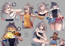 2girls :p absurdres black_one-piece_swimsuit breasts character_request chipped_tooth chougei_(kancolle) clenched_teeth denim denim_skirt fingerless_gloves gloves grey_background grey_hair headgear highleg highleg_one-piece_swimsuit highres holding holding_lighter kantai_collection lighter long_hair molotov_cocktail multiple_girls one-piece_swimsuit pleated_skirt ponytail puka_puka ron_(pixiv83091338) scarf shirt signature simple_background skirt smirk striped_clothes striped_shirt swimsuit teeth tongue tongue_out twitter_username two-tone_one-piece_swimsuit wahoo_(kancolle) white_scarf zippo_lighter