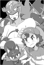 ash_ketchum baseball_cap black_background creatures_(company) crossed_arms djmn_c game_freak gen_7_pokemon greyscale hat incineroar kukui_(pokemon) litten looking_at_viewer luchador luchador_mask male_focus masked_royal monochrome nintendo pokemon pokemon_(anime) pokemon_(creature) pokemon_sm_(anime) shirt simple_background source_request striped_clothes striped_shirt topless_male