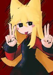 1girl absurdres animal_ears black_nails black_vest blonde_hair blush_stickers closed_mouth collared_shirt commentary cowboy_shot double_v funamusea hair_between_eyes hands_up highres iesonatana long_hair long_sidelocks long_sleeves looking_at_viewer moge-ko mogeko_(species) mogeko_castle nail_polish red_background red_shirt shirt sidelocks simple_background smile solo standing tongue tongue_out v very_long_hair vest