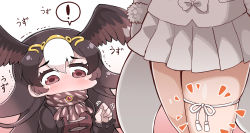 ! 2girls bird_girl bird_wings black_jacket blush brown_eyes brown_hair brown_jacket brown_neckwear circlet commentary_request fox_girl fox_tail frilled_sleeves frills fur_trim gloves hair_between_eyes head_wings jacket kemono_friends long_hair long_sleeves multicolored_hair multicolored_jacket multiple_girls oinari-sama_(kemono_friends) pleated_skirt scarf skirt spoken_exclamation_mark striated_caracara_(kemono_friends) tail tanaka_kusao thigh_strap translated two-tone_hair two-tone_jacket two-tone_neckwear white_gloves white_hair white_jacket white_neckwear white_skirt white_string wings