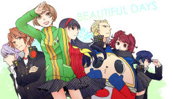 3boys 4girls amagi_yukiko atlus az0212 bad_id bad_pixiv_id black_eyes black_hair blonde_hair blue_hair brown_eyes brown_hair newsboy_cap closed_eyes grey_hair hairband hanamura_yousuke hat headphones jacket kujikawa_rise kuma_(persona_4) long_hair multiple_boys multiple_girls narukami_yu pantyhose persona persona_4 red_eyes red_hair satonaka_chie school_uniform serafuku shirogane_naoto short_hair skirt tatsumi_kanji thighhighs twintails