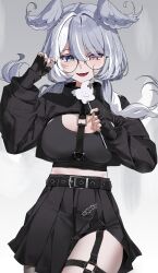 1girl absurdres adjusting_eyewear aqua_eyes black_skirt blue_hair blush breasts chest_harness cleavage d4kou16 elira_pendora elira_pendora_(goth) fangs fingerless_gloves glasses gloves hair_between_eyes harness head_wings heterochromia highres large_breasts long_hair midriff nijisanji nijisanji_en pleated_skirt purple_eyes skirt smile solo virtual_youtuber wings