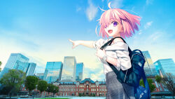 1girl backpack bag blue_sky breasts building checkered_clothes checkered_skirt cloud day fate/grand_order fate_(series) hair_over_one_eye highres key_visual large_breasts looking_at_viewer mash_kyrielight off-shoulder_shirt off_shoulder official_art open_mouth outdoors photo_background pink_hair pointing promotional_art purple_eyes shirt short_hair skirt sky skyscraper smile solo takeuchi_takashi tokyo_(city) tokyo_station tree watch white_shirt wristwatch