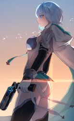 1girl absurdres aoshi_29 aqua_cape backlighting bare_shoulders black_sleeves blue_eyes blue_hair bodysuit breasts cape cowboy_shot detached_sleeves dreizehn_(shadowverse) from_side gloves gun highres holding holding_gun holding_weapon medium_hair shadowverse sky solo two-sided_cape two-sided_fabric weapon white_bodysuit white_cape white_gloves