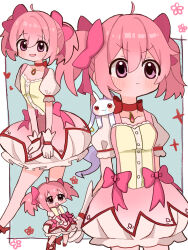 Rule 34 | 1girl, absurdres, border, bow, chibi, choker, dress, dress bow, frilled dress, frills, frown, gloves, highres, kaname madoka, kaname madoka (magical girl), kyubey, magical girl, mahou shoujo madoka magica, mahou shoujo madoka magica (anime), multiple views, outside border, pink bow, pink dress, pink eyes, pink hair, puffy short sleeves, puffy sleeves, red choker, short sleeves, short twintails, smile, soul gem, twintails, usagi satsuki, white border, white gloves