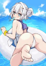 1girl 39ra_works absurdres aqua_eyes ass azur_lane bare_legs bare_shoulders blue_sailor_collar blue_sky bracelet breasts cameltoe cloud eating feet food food_in_mouth from_behind hair_between_eyes hair_bun hair_ornament hairclip highres innertube jade_(azur_lane) jewelry large_breasts legs_apart legs_up looking_at_viewer looking_back lying on_innertube on_stomach one-piece_swimsuit outdoors popsicle popsicle_in_mouth sailor_collar short_hair single_side_bun sky soles solo swim_ring swimsuit toes water white_hair white_innertube white_one-piece_swimsuit