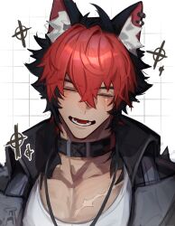 Rule 34 | 1boy, animal ear fluff, animal ear piercing, animal ears, antenna hair, bf2xuec6ow98466, black collar, black hair, black jacket, closed eyes, collar, collarbone, crossed bangs, earrings, grid background, hair between eyes, high collar, jacket, jewelry, komano manato, lower teeth only, male focus, multicolored hair, multiple earrings, necklace, open clothes, open jacket, open mouth, parted bangs, piercing, portrait, red hair, scar, scar across eye, scar on chest, scar on face, shirt, smile, solo, teeth, tongue, two-tone hair, upper body, white shirt, wing collar, zenless zone zero