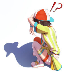! !? 1girl ? brown_hair cat_shadow_puppet_(meme) commentary covering_face hat highres hololive meme oozora_subaru oozora_subaru_(1st_costume) orange_thighhighs red_hat shadow shirt short_hair shorts solo striped_clothes striped_shirt subaru_duck symbol-only_commentary takotakochan_1006 thighhighs vertical-striped_clothes vertical-striped_shirt virtual_youtuber white_background white_shirt white_shorts white_thighhighs yellow_shirt