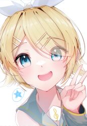Rule 34 | 1girl, absurdres, aqua eyes, bare shoulders, black sailor collar, blonde hair, blue eyes, blush, bow, bow hairband, close-up, detached sleeves, hair bow, hair ornament, hair ribbon, hairband, hairclip, highres, kagamine rin, ketyara, looking at viewer, musical note, open mouth, ribbon, sailor collar, shirt, short hair, smile, solo, star (symbol), v, vocaloid, white background, white bow