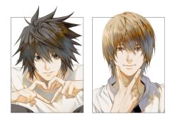 2boys arms_up black_eyes black_hair black_pants brown_eyes collarbone collared_shirt commentary death_note fingernails four-finger_heart_hands heart heart_hands l_(death_note) looking_at_viewer male_focus multiple_boys pants parted_lips ruttika_shin shirt smile spiked_hair symbol-only_commentary v white_shirt wing_collar yagami_light
