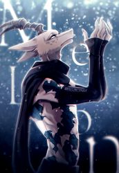 1boy animal_print beastars black_scarf blue_background body_markings character_name closed_mouth detached_sleeves eyelashes fingernails from_side frown furry furry_male gazelle hands_up leaf_print leopard_print light_particles looking_away looking_up male_focus melon_(beastars) msdk_max profile reaching scarf snowing solo topless_male upper_body
