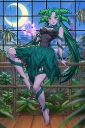 Rule 34 | 1girl, absurdres, barefoot, bishoujo senshi sailor moon, bishoujo senshi sailor moon s, black dress, breasts, cleavage, closed mouth, colored skin, commission, dress, earrings, fang, fang out, green eyes, green hair, grey skin, highres, indoors, jewelry, large breasts, lips, night, plant, potted plant, purple lips, second-party source, short hair, smile, solo, speh, tellu (sailor moon), window