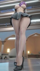 1girl asamiya_athena breasts breasts_out curvy female_focus from_below hairband huge_breasts large_breasts nipples no_panties open_clothes pale_skin purple_eyes purple_hair pussy pussy_peek shoes short_hair skirt standing star_(symbol) the_king_of_fighters thick_thighs thighs wide_hips