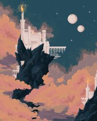 architecture bridge broken_bridge building castle chel_faust cloud cloudy_sky commentary english_commentary fantasy fire fog highres moon mountain night night_sky no_humans original outdoors pixel_art planet rock ruins scenery sky star_(sky) suspension_bridge tower wide_shot