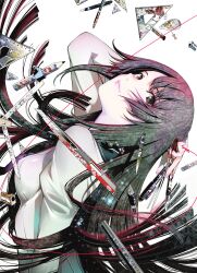 1girl absurdres arm_up bakemonogatari boxcutter breasts brown_eyes brown_hair closed_mouth collared_shirt compass_(instrument) cover cover_page floating_hair from_side grey_hair grey_shirt hand_on_own_head head_tilt highres holding juliet_sleeves leaning_back lens_flare long_hair long_sleeves looking_at_viewer looking_to_the_side manga_cover medium_breasts mixed_holding monogatari_(series) multicolored_hair nail_polish non-web_source official_art oogure_ito pen pencil pencil_sharpener pink_hair pink_lips puffy_sleeves purple_nails ruler senjougahara_hitagi set_square shadow shiny_clothes shirt simple_background solo stationery streaked_hair string string_of_fate upper_body very_long_hair white_background