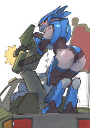 1girl alien animification armor ass black_leotard car colored_sclera firing flag flag_on_vehicle halo_(series) halo_3 highres leotard looking_back military_truck military_vehicle motor_vehicle no_humans orange_eyes orange_sclera sangheili sat-v12 science_fiction skindentation solo sports_utility_vehicle thighhighs truck turret warthog_(halo)