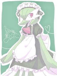 apron bob_cut closed_mouth colored_skin gardevoir gen_3_pokemon gen_8_pokemon green_hair green_skin hair_over_one_eye han0579 hatenna highres looking_at_viewer maid maid_apron maid_headdress multicolored_skin nintendo no_humans one_eye_covered pokemon pokemon_(creature) pokemon_focus red_eyes white_skin