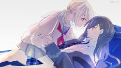 2girls azusawa_kohane black_hair blonde_hair blue_skirt blush brown_eyes closed_mouth collared_shirt commentary_request earrings eye_contact from_side grey_skirt hat_ornament holding_hands interlocked_fingers jewelry long_hair looking_at_another multiple_girls neckerchief necktie orange_eyes parted_lips plaid_clothes plaid_skirt pleated_skirt profile project_sekai red_neckerchief sailor_collar school_uniform serafuku shiraishi_an shirt short_twintails simple_background skirt star_(symbol) star_hat_ornament straddling striped_necktie sweater twintails white_background white_sailor_collar white_shirt xuan yellow_sweater yuri