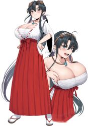 1girl ahoge bare_shoulders black_hair breasts breasts_squeezed_together chest_sarashi cleavage collarbone full_body goggles goggles_on_head grey_eyes hair_between_eyes hands_on_own_hips highres huge_breasts japanese_clothes jewelry long_skirt looking_at_viewer miko multiple_views narodenden necklace ponytail projected_inset robe sandals sarashi sengoku_ace sidelocks simple_background skindentation skirt smile socks togashi_koyori white_background white_robe white_socks zouri