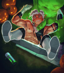 2boys abs artist_name black_bodysuit bludwing blush bodysuit colored_skin danny_fenton danny_phantom gloves green_eyes green_skin held_down highres jack-o&#039;-lantern legs_up lying male_focus multiple_boys navel nipples on_back penis pumpkin restrained shoes short_hair tombstone torn_bodysuit torn_clothes white_footwear white_gloves white_hair yaoi