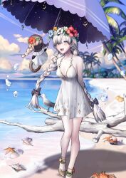 1girl :d anastasia_(fate) anastasia_(swimsuit_archer)_(fate) anastasia_(swimsuit_archer)_(second_ascension)_(fate) arms_behind_back bare_shoulders beach blue_flower blush bow braid breasts cleavage cloud day doll dress fate/grand_order fate_(series) flower foot_out_of_frame game_cg hair_bow hair_ornament hair_over_one_eye halterneck head_wreath hibiscus holding holding_umbrella ice long_hair looking_at_viewer low_twin_braids medium_breasts official_art open_mouth palm_tree parted_bangs purple_bow purple_sky purple_umbrella red_flower sandals short_dress sime_(echo) sky smile solo standing star_(symbol) star_hair_ornament sundress teeth third-party_source tree twin_braids umbrella upper_teeth_only variant_set very_long_hair viy_(fate) white_dress white_flower white_hair