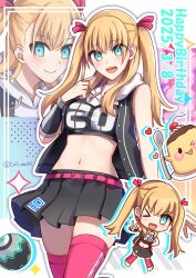 &gt;_o 1girl :d ;d aqua_eyes arm_warmers ball bare_shoulders belt black_shirt black_skirt black_vest blonde_hair breasts cali_(cali_me202) chibi chibi_inset closed_mouth clothes_writing commentary_request cowboy_shot crop_top dated drawstring food full_body hair_between_eyes hair_ribbon hand_on_own_hip happy_birthday highres hood hood_down hooded_shirt iroha_tsuki long_hair looking_at_viewer medium_breasts midriff navel one_eye_closed open_clothes open_mouth open_vest pink_belt pink_ribbon pink_thighhighs pudding ribbon shirt sidelocks single_arm_warmer skindentation skirt sleeveless sleeveless_shirt smile standing teeth thighhighs tribe_nine twintails twitter_username upper_teeth_only v vest zettai_ryouiki