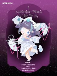Rule 34 | 1girl, absurdres, animal ear headwear, animal ears, aqua hair, bandaged leg, bandages, beanie, black hair, blue eyes, bow, broken heart, buttons, cat ears, character name, chibi, chinese commentary, chinese text, commentary request, crossed bandaids, dress, earrings, english text, esseling (infinity nikki), fafo shucaitang, fake animal ears, footwear bow, hair ornament, hat, heart, highres, infinity nikki, jewelry, kneepits, leg up, long dress, looking at object, looking back, mixed-language text, multicolored hair, needle, nikki (series), off-shoulder dress, off shoulder, plaid clothes, plaid dress, purple background, quirky idea (infinity nikki), sad sack (infinity nikki), scissors, sewing needle, shoe loss, short hair, slippers, solo, space, sparkle, streaked hair, striped clothes, striped dress, surprised, syringe hair ornament, thread, translation request, two-tone hair, two side up, vertical-striped clothes, vertical-striped dress, white bow, white dress, white hat, white slippers