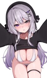 1girl beret bikini black_hat black_shirt blush breasts cleavage commentary_request commission cropped_shirt grey_eyes grey_hair hair_between_eyes hair_ornament hairclip hat heart heart_hair_ornament heterochromia highres indie_virtual_youtuber large_breasts long_hair long_sleeves looking_at_viewer navel nenight outstretched_arms parted_lips purple_eyes shirt simple_background sitting skeb_commission skindentation solo sweat swimsuit thigh_gap thigh_strap very_long_hair virtual_youtuber white_background white_bikini winged_heart x_hair_ornament