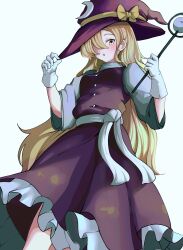Rule 34 | 1girl, absurdres, adjusting clothes, adjusting headwear, blonde hair, bow, commentary request, crescent, crescent hat ornament, dress, frilled dress, frills, from below, gloves, hair over one eye, hat, hat bow, hat ornament, highres, holding, holding wand, kirisame marisa, kirisame marisa (pc-98), long hair, long sleeves, mesuosushi, phantasmagoria of dim.dream, purple dress, purple hat, sash, shirt, simple background, touhou, touhou (pc-98), very long hair, wand, white background, white gloves, white sash, white shirt, wide sleeves, witch, witch hat, yellow bow, yellow eyes