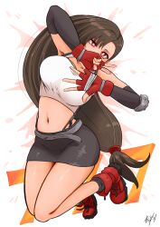 1girl absurdres bandaged_hand bandages bare_shoulders black_gloves black_hair black_skirt black_socks boots breasts cleavage commentary_request covering_own_mouth crop_top elbow_gloves elbow_pads final_fantasy final_fantasy_vii fingerless_gloves full_body gloves hair_between_eyes hair_tie highres large_breasts long_hair looking_at_viewer low-tied_long_hair midriff miniskirt navel red_boots red_eyes red_gloves shirt signature single_elbow_pad skirt sleeveless sleeveless_shirt socks solo suspenders tifa_lockhart v white_shirt wolkat