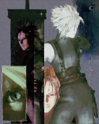 3boys akiitopiia belt black_hair blonde_hair buster_sword closed_mouth cloud_strife commentary english_commentary eyelashes faceless faceless_male final_fantasy final_fantasy_vii grey_hair highres long_hair male_focus multiple_belts multiple_boys pants reflection sephiroth sleeveless sleeveless_turtleneck slit_pupils spiked_hair standing sword turtleneck weapon zack_fair