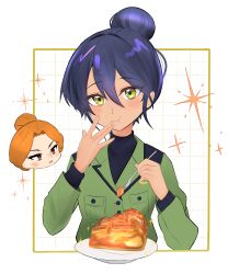 Rule 34 | 2girls, absurdres, apple pie, black hair, cheekbones, commentary request, cropped torso, dark-skinned female, dark skin, eating, food, fork, gundam, gundam gquuuuuux, hair bun, hand up, highres, holding, holding fork, jacket, kycilia zabi, long sleeves, multiple girls, nyaan (gundam gquuuuuux), orange hair, pie, pie slice, plate, red eyes, single hair bun, smile, turtleneck, xcua4574, yellow eyes