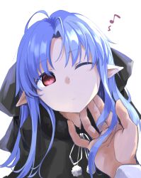 1boy 1girl absurdres ahoge black_dress blue_hair chiizu_ore dress highres kagetsu_tooya len_(tsukihime) long_hair one_eye_closed pov red_eyes solo_focus tsukihime