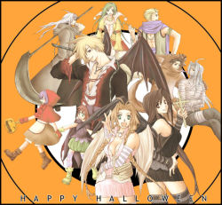 00s 2000s aerith_gainsborough alternate_costume angel_wings animal_suit asymmetrical_bangs bandages black_hair black_wings blonde_hair boots braid breasts brown_eyes brown_hair cape character_request cleavage cloud_strife cross crossover crown crucifix demon_wings detached_sleeves dress eiko_carol final_fantasy final_fantasy_iv final_fantasy_ix final_fantasy_vii fingerless_gloves gloves green_eyes green_hair halloween halloween_costume hand_on_own_hip holding holding_cross holding_hands horn jack-o&#039;-lantern long_hair low-tied_long_hair lowres mummy open_collar open_mouth orange_background parted_bangs purple_hair red_cape rendezvous rydia_(ff4) scarf scythe sephiroth setzer_gabbiani short_dress short_hair silver_hair smile spiked_hair square_enix thighhighs tifa_lockhart twin_braids white_wings wings zack_fair