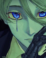 Rule 34 | 1boy, artist name, black background, black jacket, blonde hair, blue eyes, clenched teeth, close-up, collared shirt, commentary, elliot (par0llel), film grain, fingernails, hair between eyes, hand up, highres, jacket, looking at viewer, male focus, mechanical hands, original, par0llel, portrait, sharp fingernails, shirt, short hair, simple background, solo, teeth, upturned eyes, very short hair, yellow shirt