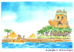 1girl 2boys akahanadragon baseball_cap blonde_hair bow bowtie dungeon_man_(mother_2) formal_clothes hair_bow hat jeff_andonuts looking_at_another mother_(series) mother_2 multiple_boys ness_(mother_2) nintendo ocean painting_(medium) palm_tree paula_(mother_2) submarine suit traditional_media tree water watercolor_(medium) watercraft waving