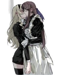 Rule 34 | 2girls, 9urodine, apron, black dress, black hairband, black thighhighs, blonde hair, bow, brown hair, closed eyes, collared dress, commentary, covered eyes, cowboy shot, cropped legs, dress, face-to-face, facing another, frilled apron, frills, from side, gloves, hair between eyes, hair ornament, hair over eyes, hairband, half updo, hand on another&#039;s arm, hand up, highres, juliet sleeves, kiss, long hair, long sleeves, maid, multiple girls, profile, puffy sleeves, purple bow, saijou claudine, shoujo kageki revue starlight, sidelocks, simple background, standing, symbol-only commentary, tendou maya, thighhighs, white apron, white background, white gloves, x hair ornament, yuri, zettai ryouiki