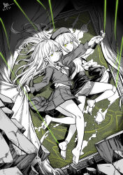 2girls artist_name bang_dream! bang_dream!_it&#039;s_mygo!!!!! barefoot beret black_overskirt black_sleeve_cuffs chinese_commentary commentary_request curtains dated debris doll_joints dual_persona floating floating_clothes floating_hair from_side full_body greyscale hand_on_another&#039;s_hand hat highres holding_curtain joints long_hair long_sleeves looking_at_another looking_to_the_side miniskirt monochrome mortis_(bang_dream!) mortis_(costume)_(bang_dream!) mortis_(persona)_(bang_dream!) multiple_girls neckerchief outstretched_arms overskirt picture_frame pleated_skirt puppet_strings qingwa_chi_she sailor_collar school_uniform searchlight see-through_clothes see-through_sleeves serafuku shirt shorts side-by-side sidelocks skirt spot_color tsukinomori_school_uniform wakaba_mutsumi yellow_eyes