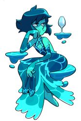 1girl alternate_costume aqua_skin barefoot blue_hair breasts cleavage colored_skin discount-supervillain dress element_bending highres hydrokinesis lapis_lazuli_(steven_universe) shoes short_hair sitting solo steven_universe unworn_shoes water