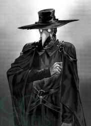 1boy arm_at_side belt bird_mask commentary cowboy_shot facing_viewer gloves greyscale hat isekai_mokushiroku_mynoghra jun_(navigavi) long_sleeves male_focus mask medic_(isekai_mokushiroku_mynoghra) monochrome novel_illustration o-ring o-ring_belt official_art plague_doctor plague_doctor_mask robe second-party_source solo watermark wide_sleeves