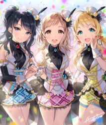 3girls ancotaku bare_shoulders earrings gauze hat idolmaster idolmaster_shiny_colors illumination_stars_(idolmaster) jewelry multiple_girls open_mouth shorts standing