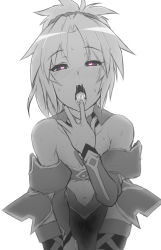 1girl bare_shoulders blush breasts detached_sleeves fate/apocrypha fate_(series) female_focus greyscale half-closed_eyes heart heart-shaped_pupils leaning_forward looking_at_viewer monochrome mordred_(fate) mordred_(fate/apocrypha) navel open_mouth oral_invitation otoo_(izanagi) ponytail pussy_juice_stain saliva simple_background small_breasts solo sweat symbol-shaped_pupils teeth thighhighs to-gnaniwa tongue white_background