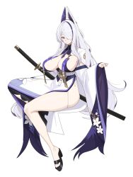 1girl absurdres azur_lane breast_curtains breasts full_body hair_over_one_eye highres holding holding_sword holding_weapon kurowanjjyang large_breasts multicolored_hair one_eye_covered purple_eyes sheath simple_background solo streaked_hair sword unzen_(azur_lane) weapon white_background white_hair