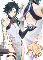 back blouse cake cake_slice choker dress food genshin_impact green_hair lowres plate robe shirt tattoo torso tunic white_background white_dress white_shirt xiao_(genshin_impact) yellow_eyes