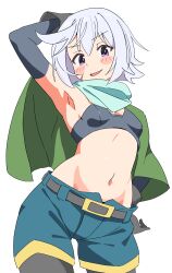 Rule 34 | 1girl, aqua scarf, arm up, armpits, belt, blue shorts, blush stickers, breasts, capelet, chris (konosuba), commentary, cowboy shot, gloves, green capelet, grey gloves, hand on own hip, highres, kono subarashii sekai ni shukufuku wo!, looking at viewer, midriff, navel, noyama takenoko, purple eyes, scarf, short hair, short shorts, shorts, simple background, small breasts, smile, solo, sports bra, stomach, tareme, v-shaped eyebrows, white background, white hair