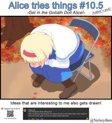 1girl alice_margatroid autumn_leaves blonde_hair blue_dress bnelsey boots brown_boots chair commentary dress english_commentary english_text folding_chair hairband ko-fi_logo leaf long_sleeves maple_leaf meme neon_genesis_evangelion on_chair outdoors parody qr_code red_hairband request_inset screenshot_inset shinji_in_a_chair_(meme) sitting solo touhou twitter_username watermark web_address