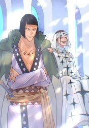 Rule 34 | 2boys, absurdres, black hair, black lips, blunt bangs, bob cut, chaka (one piece), coat, coat on shoulders, cowboy shot, crossed arms, dress, facial mark, hand on another&#039;s shoulder, headscarf, highres, jewelry, long dress, looking to the side, male focus, multiple boys, necklace, one piece, open mouth, pell (one piece), sash, sc scandium, smile